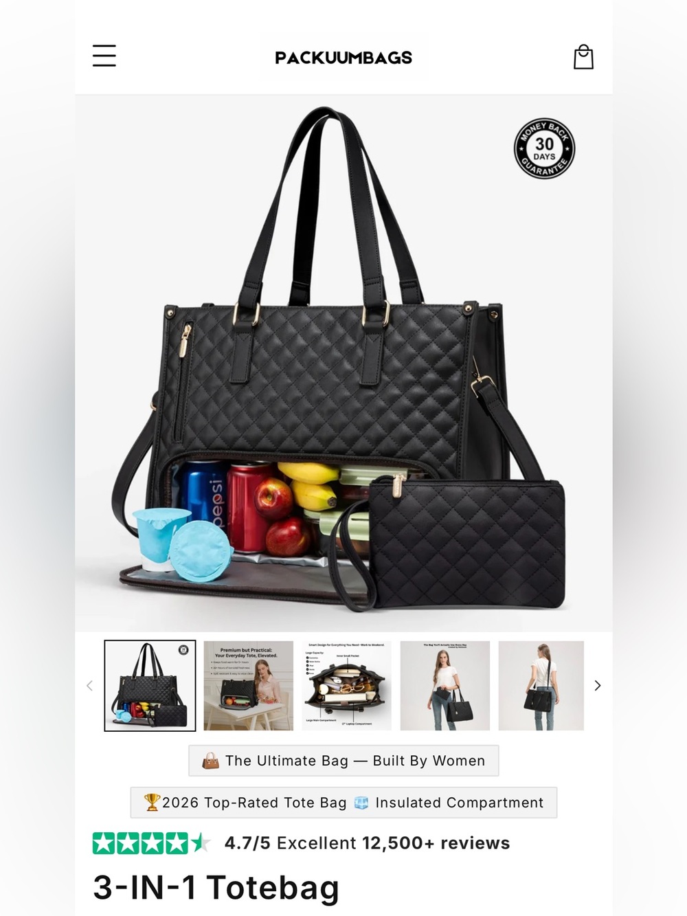 Black Tote Bag with Wristlet and Insulated Lunch Compartment